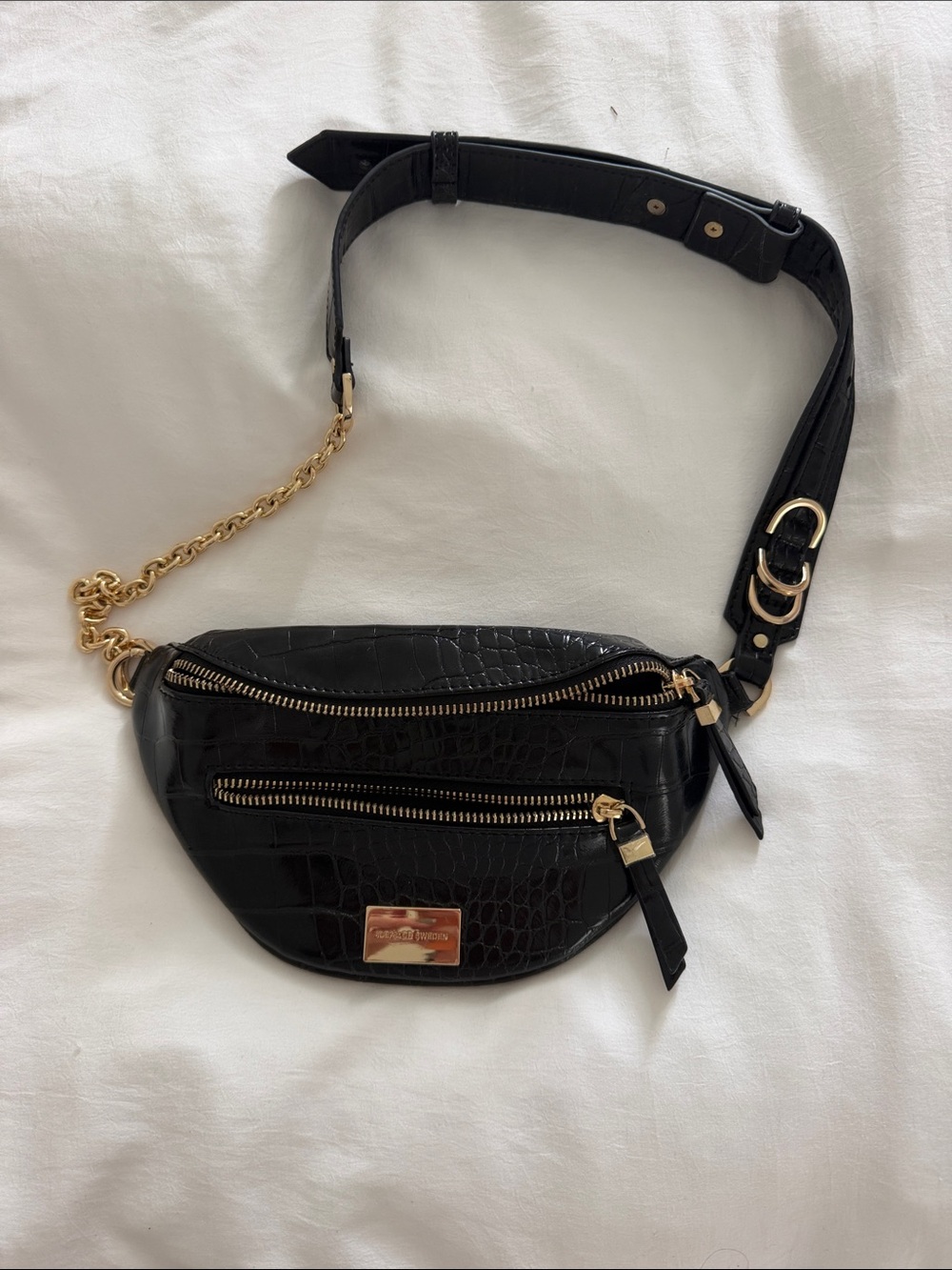 Black Croc-Embossed Leather Belt Bag with Gold Hardware